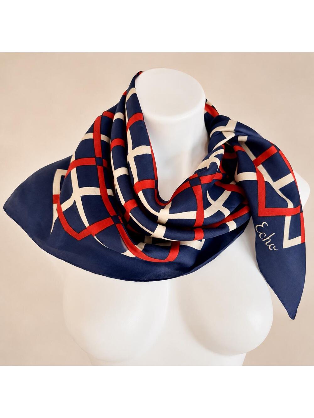 Vintage Echo Silk Scarf 26” Navy Red Cream Geometric Lattice Diamond 1970s